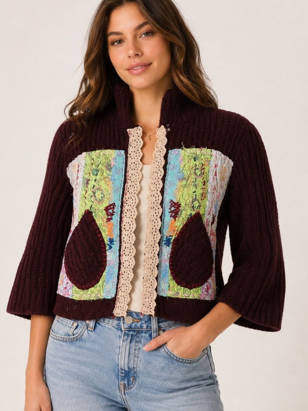 Rare Free People Grandma Goes West Patchwork Wool Blend Cardigan Cottagecore Sm